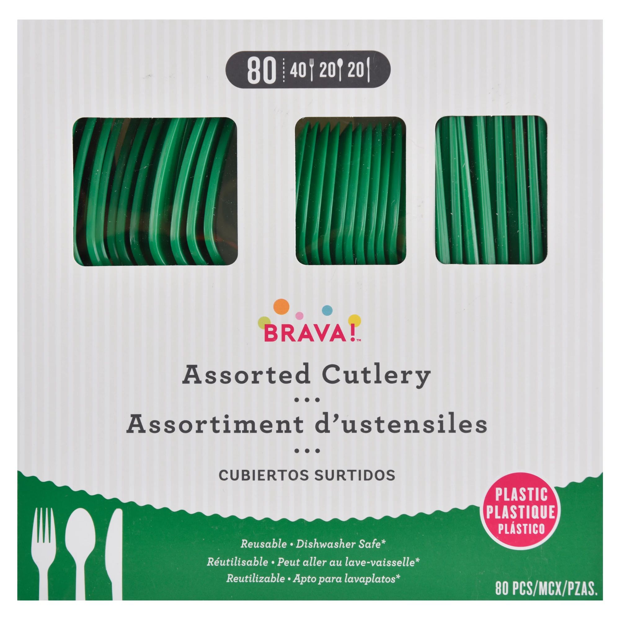 Amscan Heavy Weight Plastic Cutlery Assortment, Festive Green, 80 ct - Case of 6
