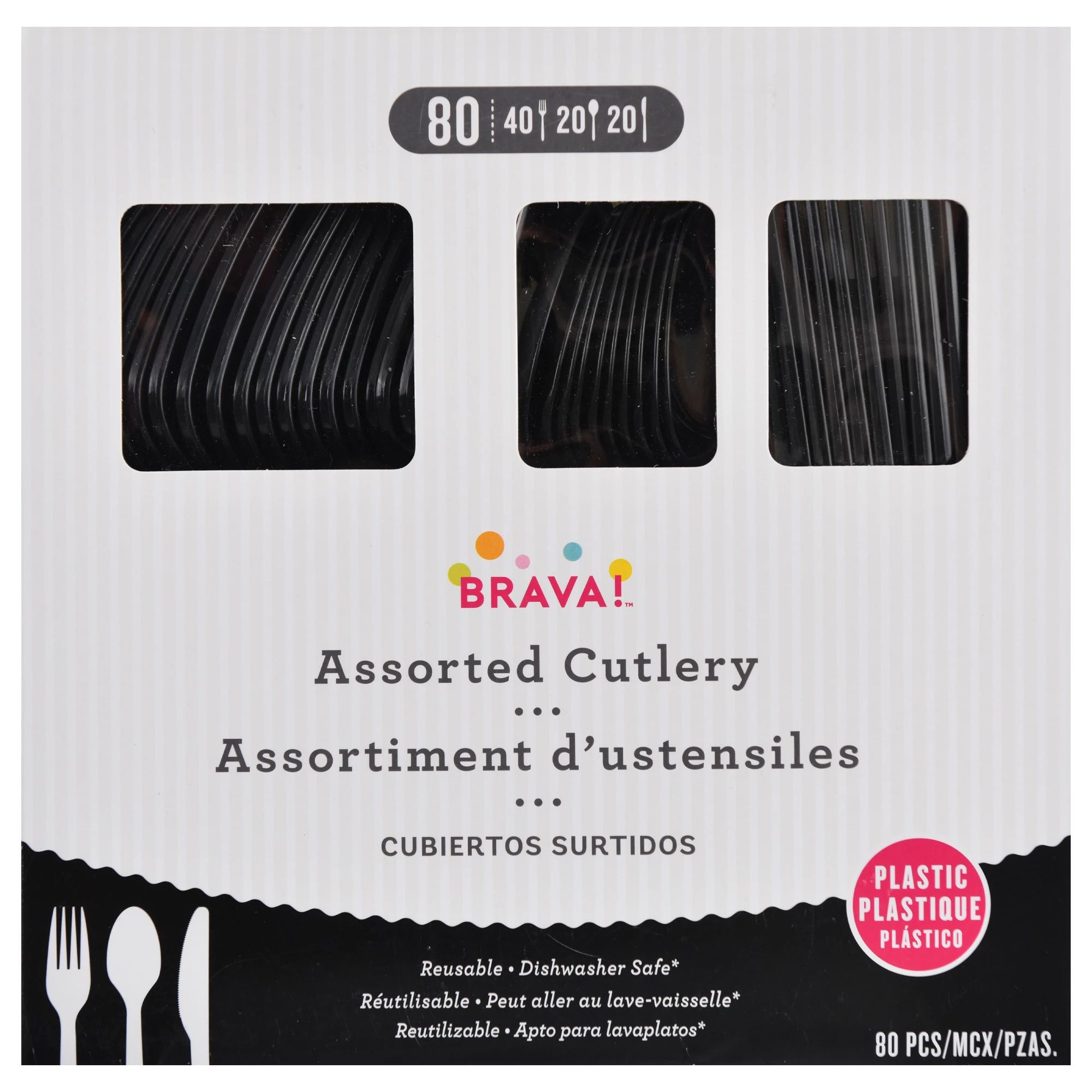 Amscan Heavy Weight Plastic Cutlery Assortment, Jet Black, 80 ct - Case of 6