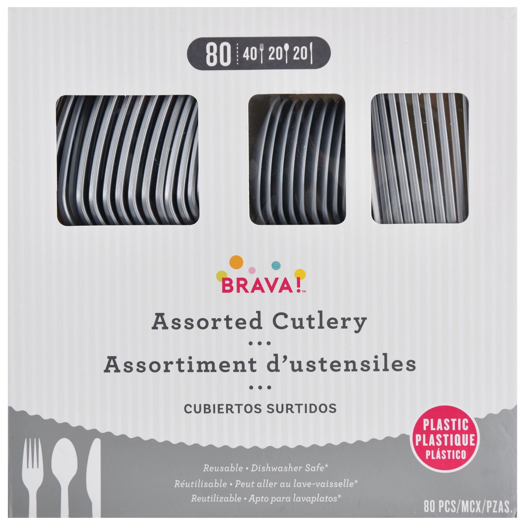 Amscan Heavy Weight Plastic Cutlery Assortment, Silver, 80 ct - Case of 6