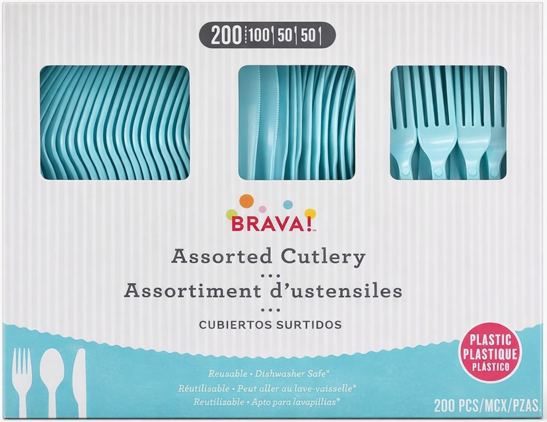 Amscan Heavy Weight Plastic Cutlery Assortment, Robin's Egg Blue, 200 ct - Case of 6