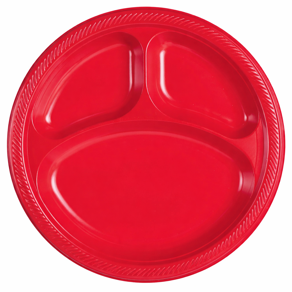 Amscan Divided Plastic Dinner Plates, Apple Red, 10.25", 20 ct - Case of 10
